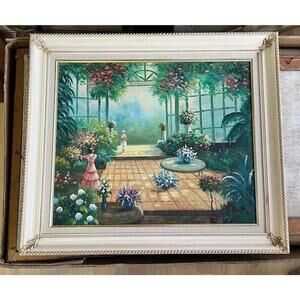 Original W. Hodges Painting Oil On Canvas Garden Colorful Flowers Signed Framed